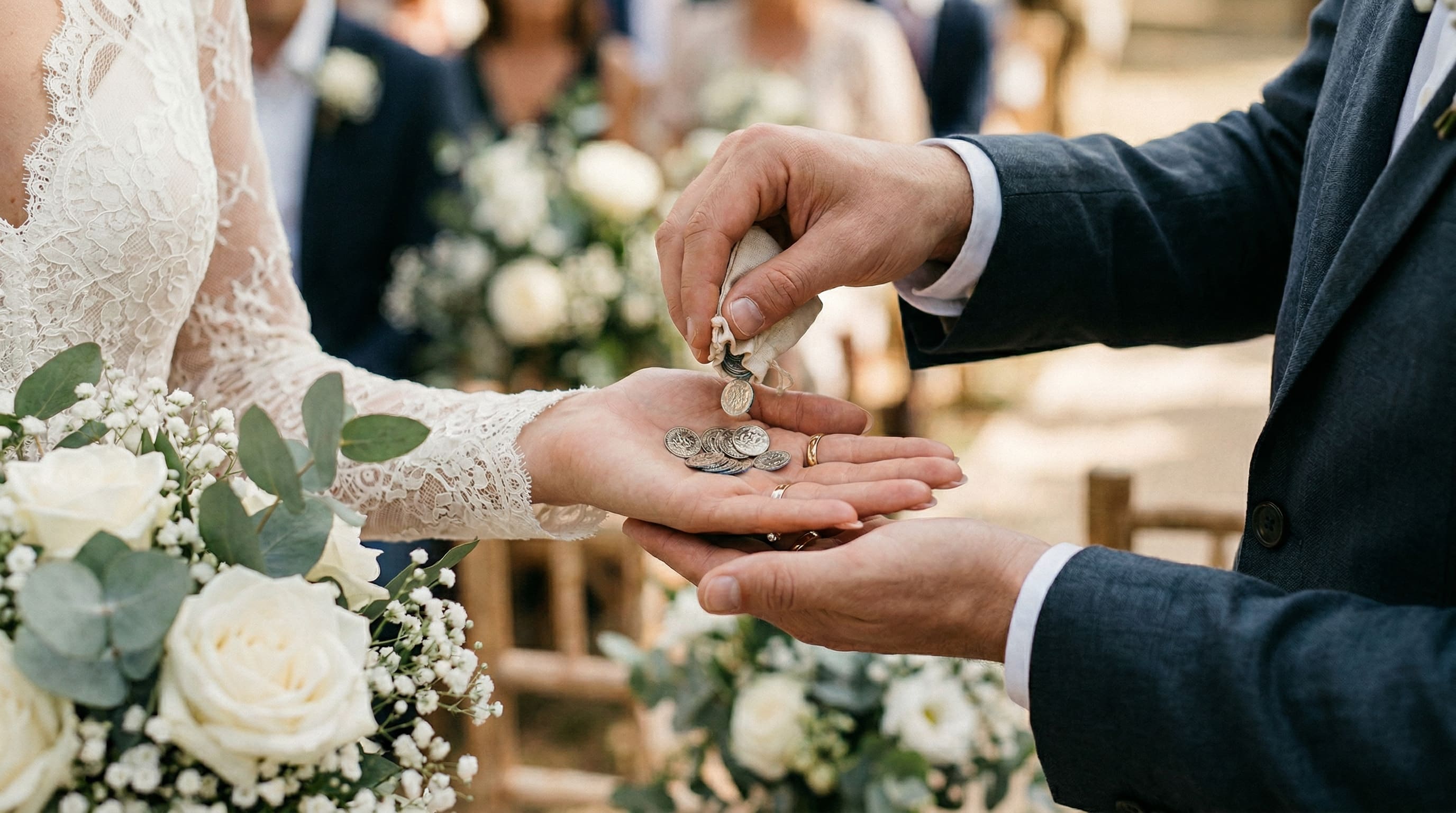 Detalle de las manos de los novios realizando el intercambio de arras de boda plateadas durante su ceremonia.