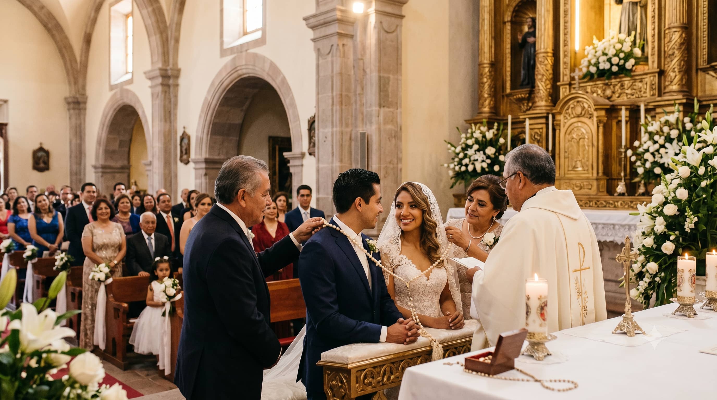 Una pareja de novios mexicanos recibe el lazo matrimonial de sus padrinos frente al altar durante una boda católica.