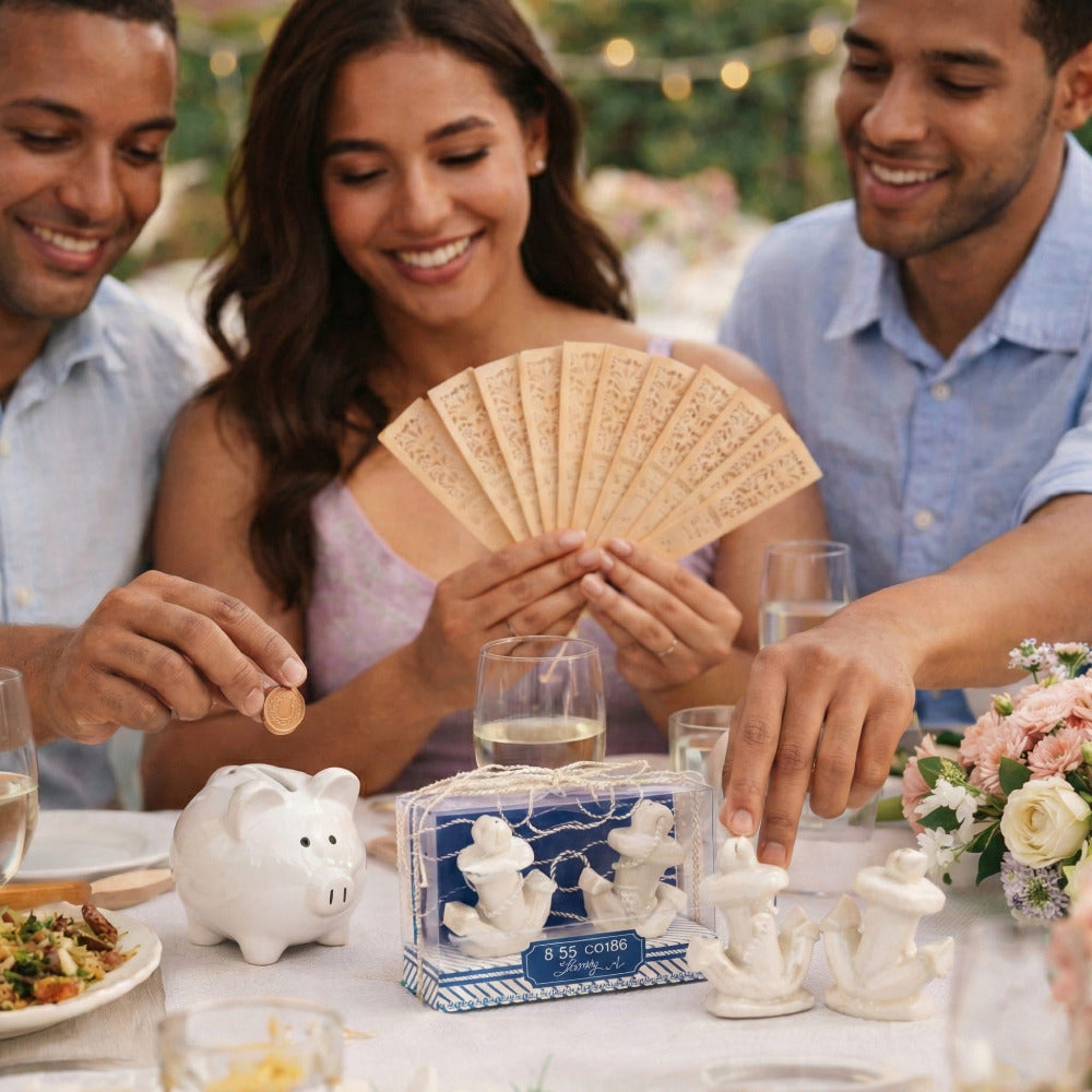 Invitados con recuerdos de evento: alcancía de puerquito, abanico de madera y saleros de ancla de cerámica.