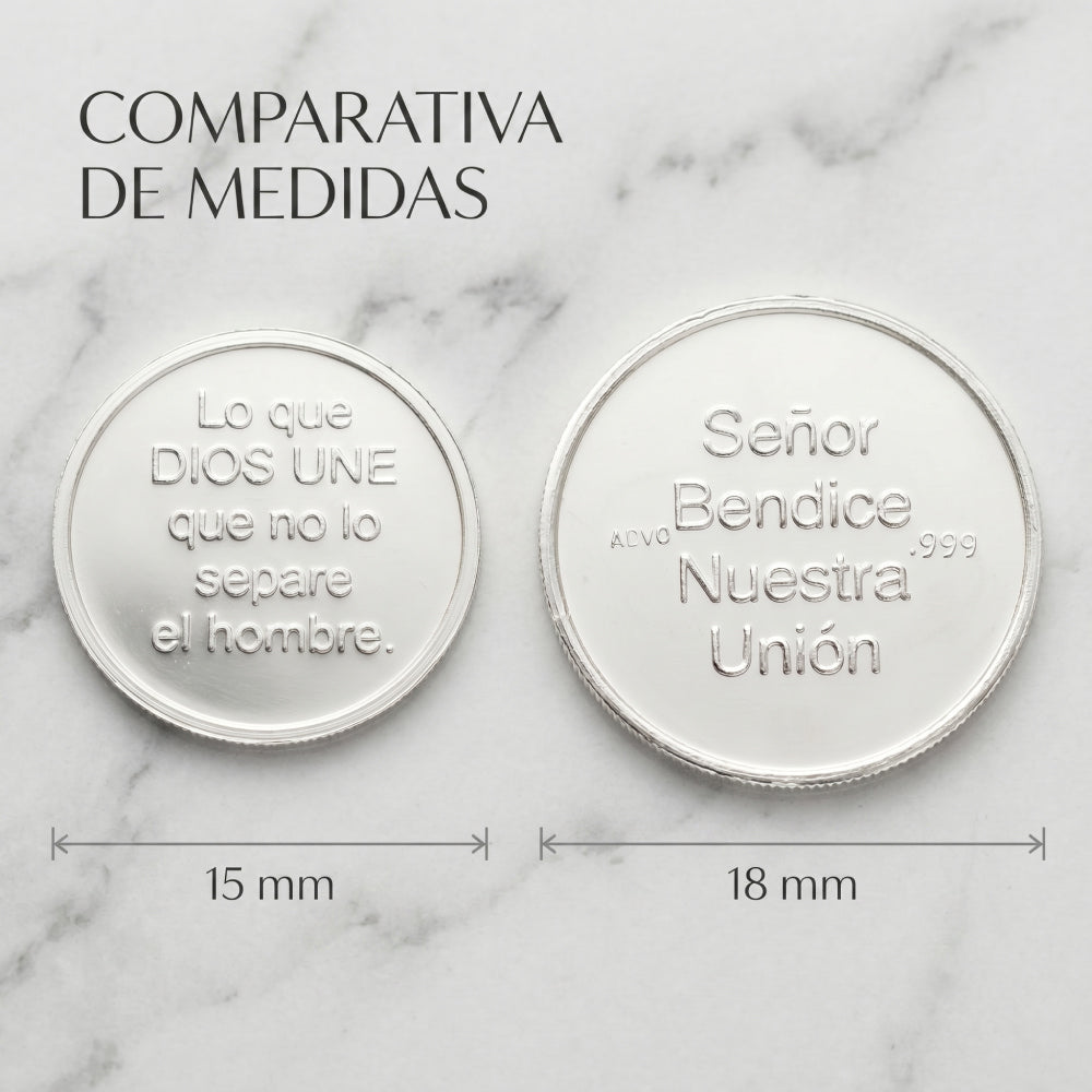 Imagen de dos arras plateadas sobre mármol con el título "COMPARATIVA DE MEDIDAS". Abajo, líneas acotan el diámetro de la izquierda en 15mm y la derecha en 18mm.