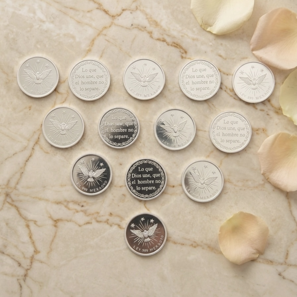 Juego de trece arras de boda de plata fina de 18mm, con diseños del Espíritu Santo y frases religiosas.