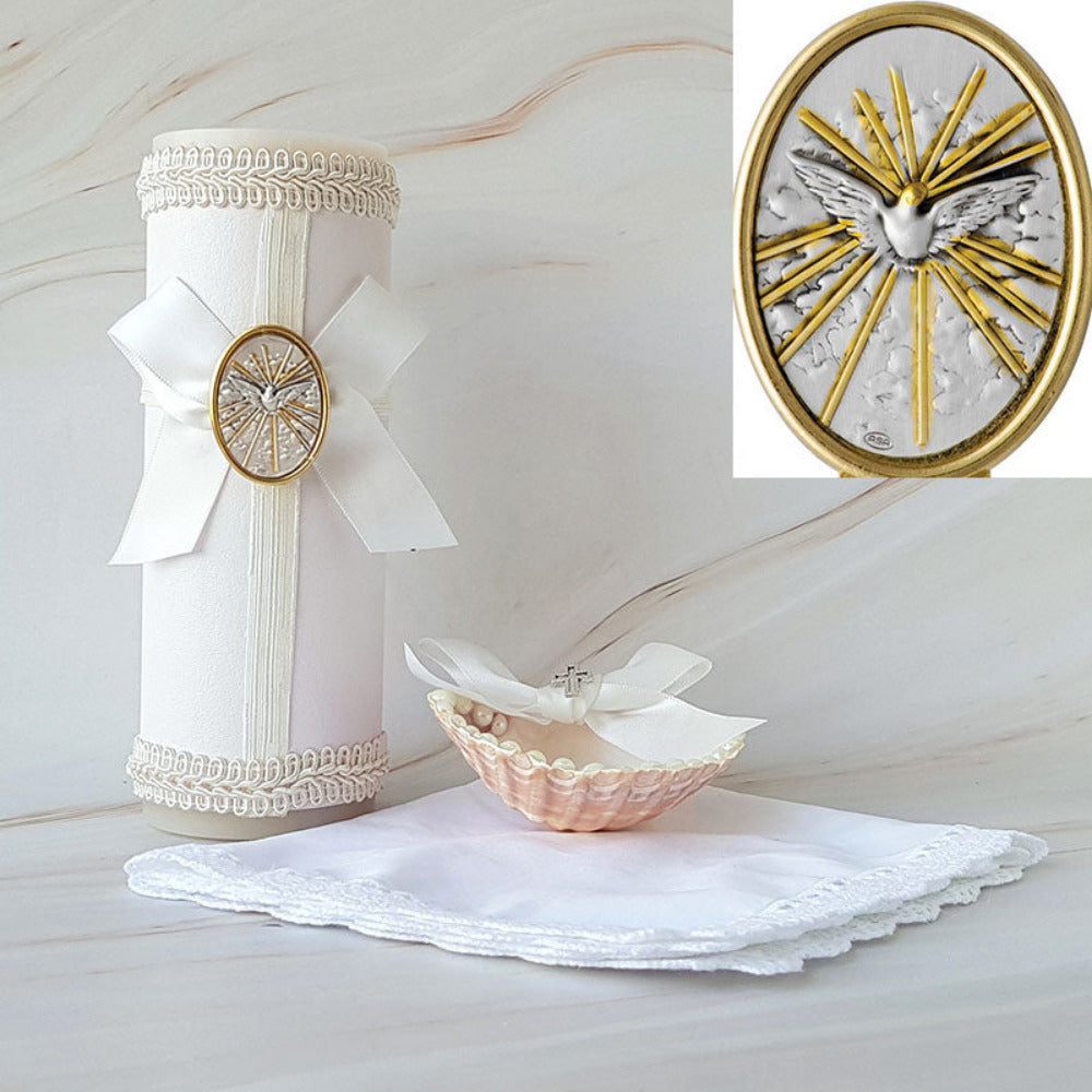 Kit Bautizo con placa italiana elaborada en plata, Espíritu Santo
