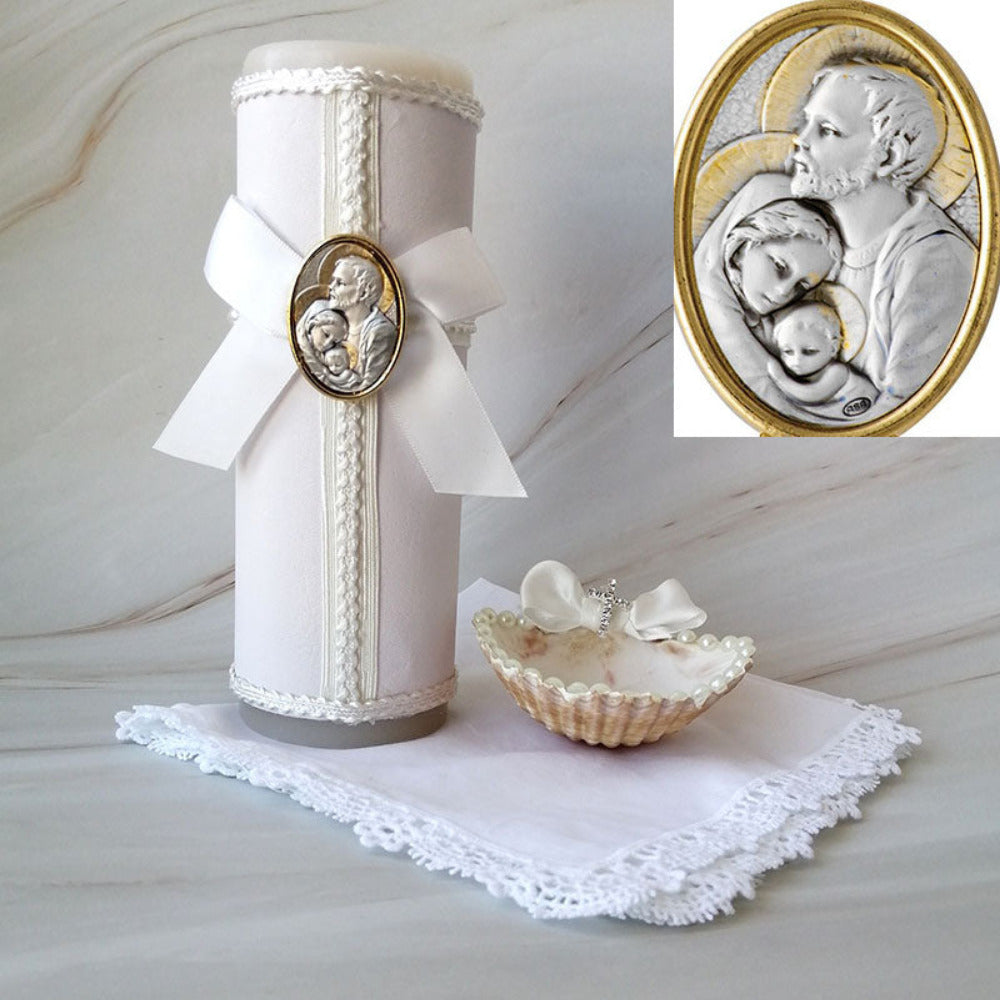 Kit de bautizo con placa italiana Sagrada Familia oval