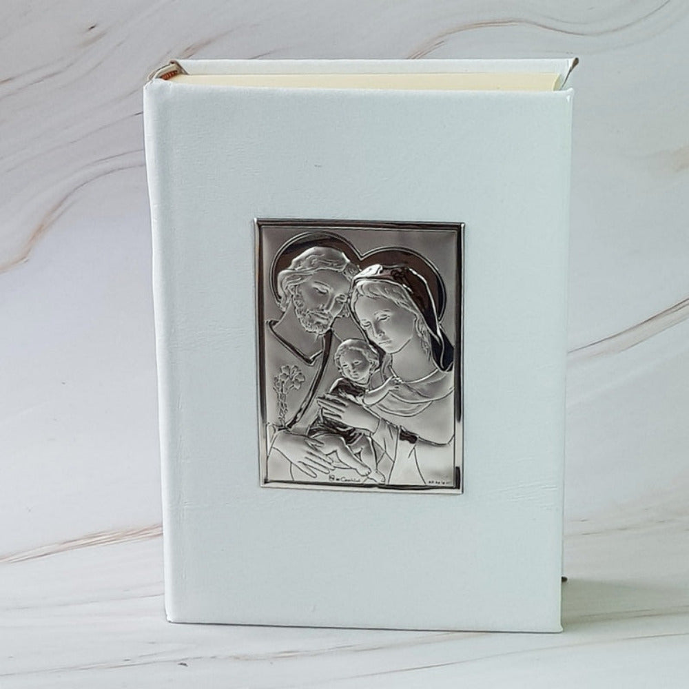 Biblia grande piel blanca de Boda con placa italiana Sagrada Familia