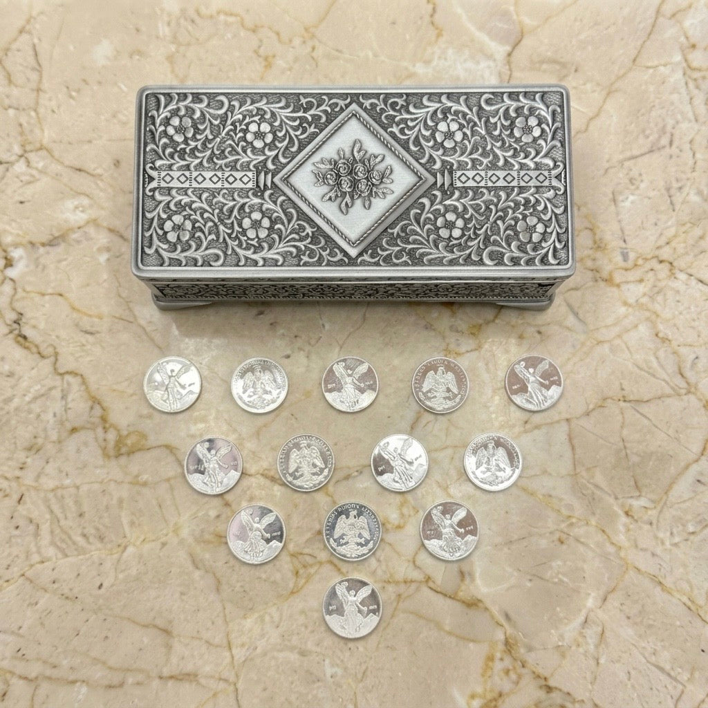 Cofre Cartagena con arras matrimoniales Centenario de plata pura de 18mm.