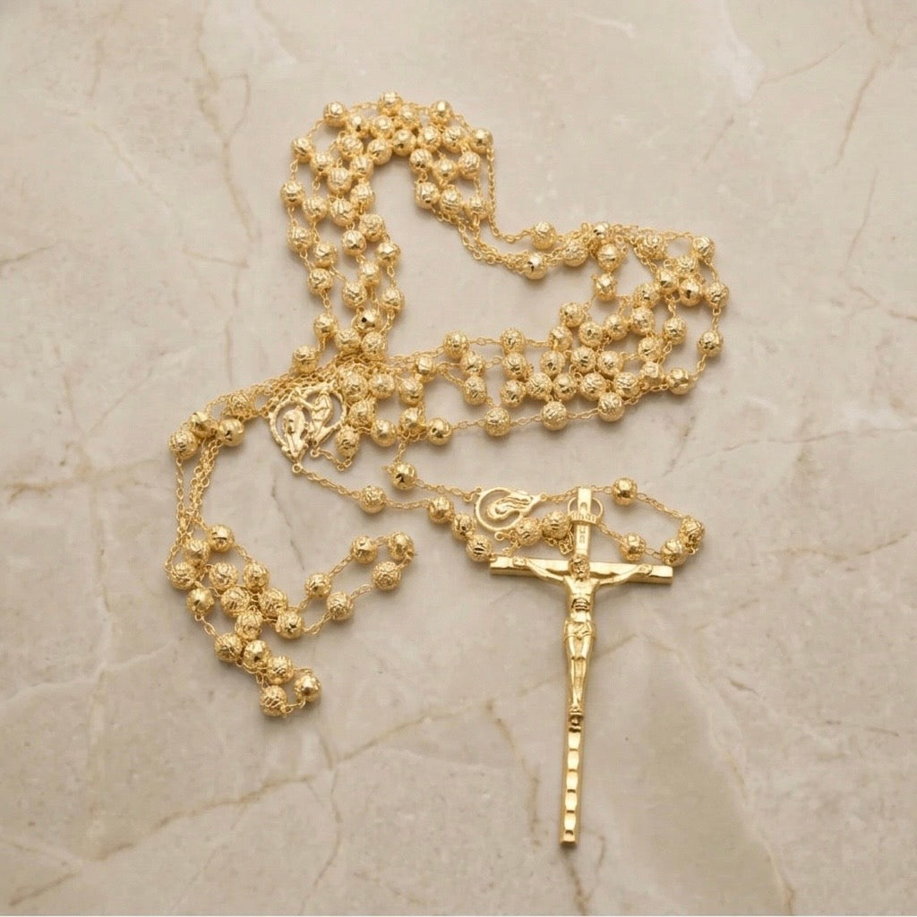 Lazo para Boda, Rose Gold, lazo dorado con cuentas doradas en forma circular y diseño de rosa, cuenta con una cruz Italiana en color dorada.