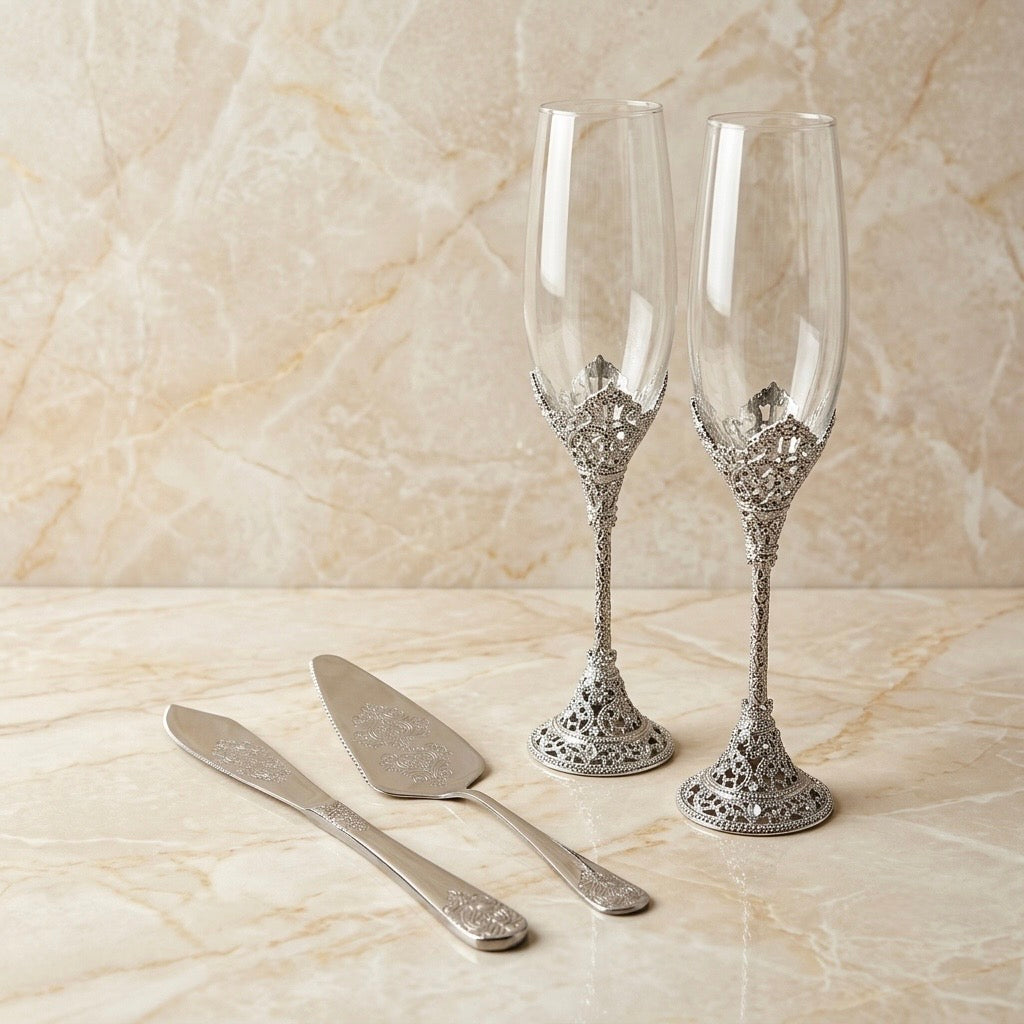 Paquete Elegancia Real, Copas Royal Love y Set de pala y cuchillo Elegancia Clásica.