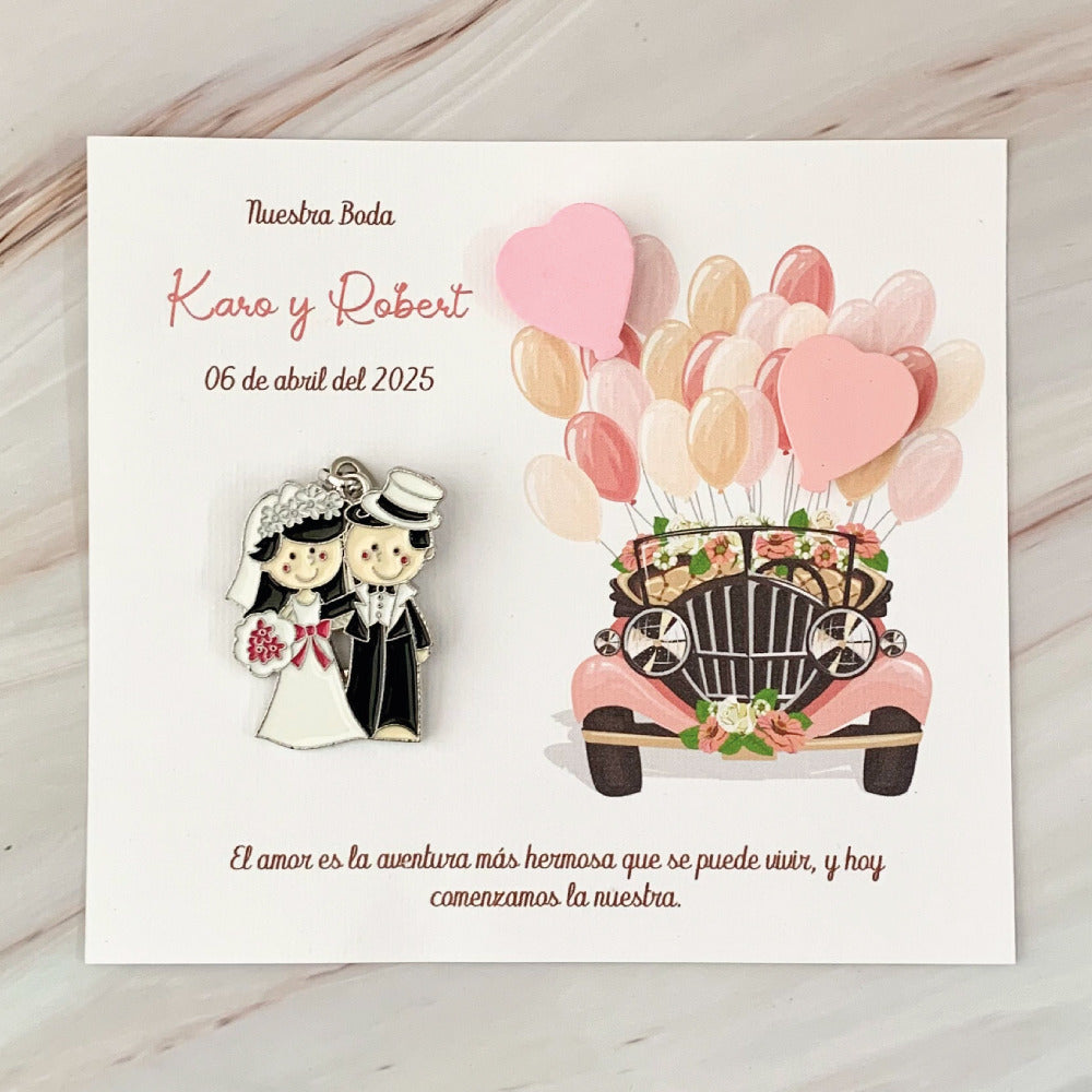 Llavero para boda, novios en auto vintage