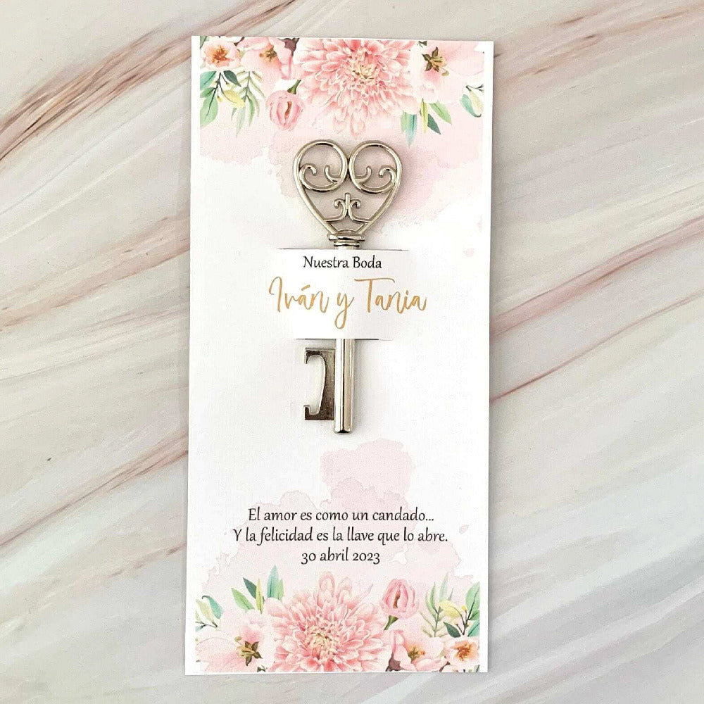Recuerdo de Boda Personalizado, Destapador Llave de mi corazón Floral