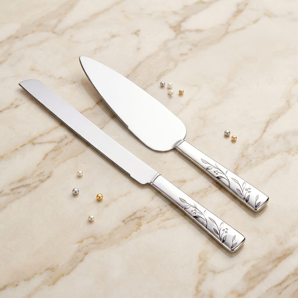 Set de pala y cuchillo para pastel de boda, Verona, ambas piezas tienen patrones florales en los mangos.