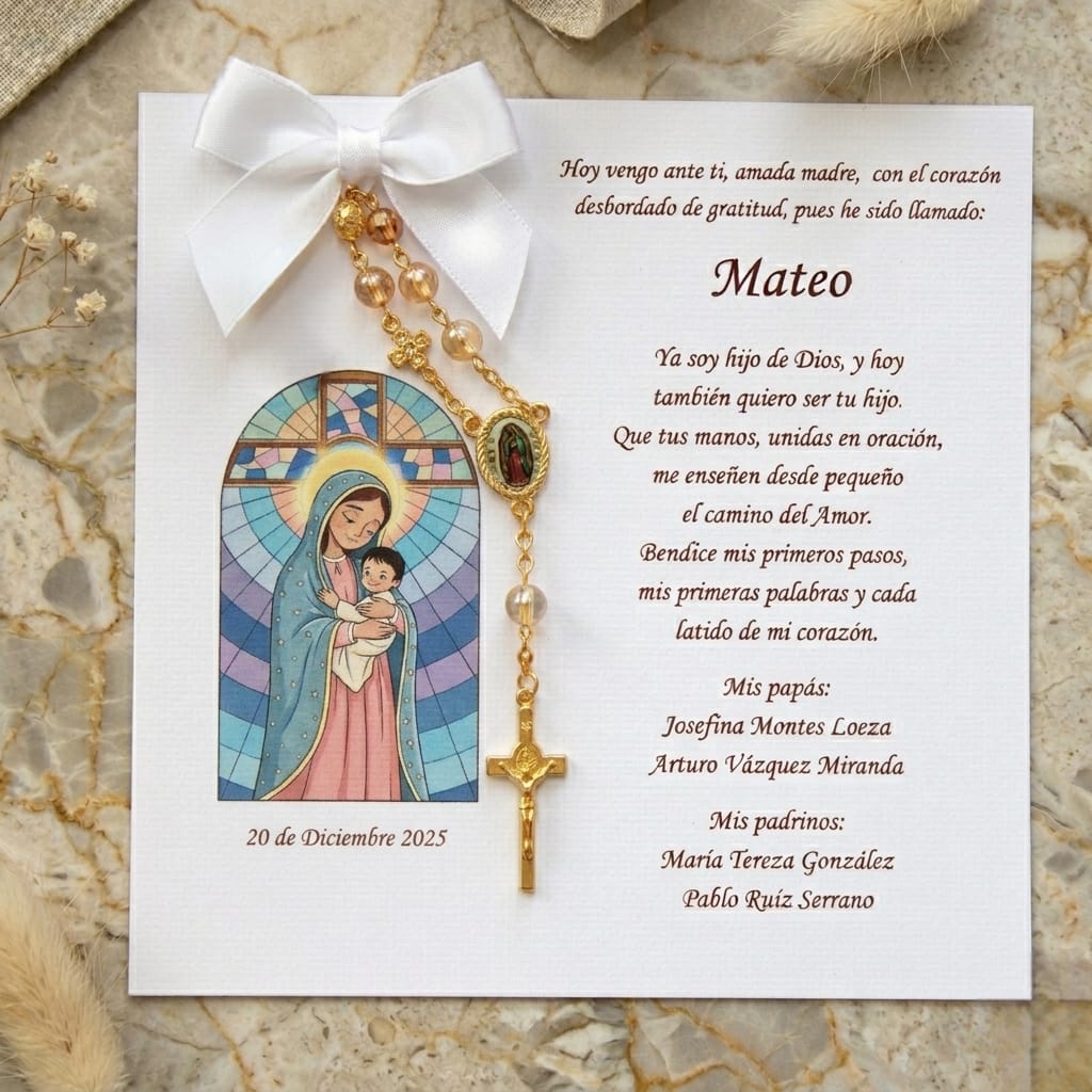 Bolo con decenario dorado de la virgen de Guadalupe.