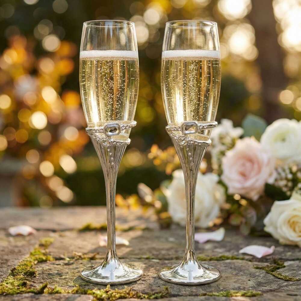 Copas de boda Orion Deluxe con detalles plateados y pedrería, ideales para el brindis de los novios en exteriores.