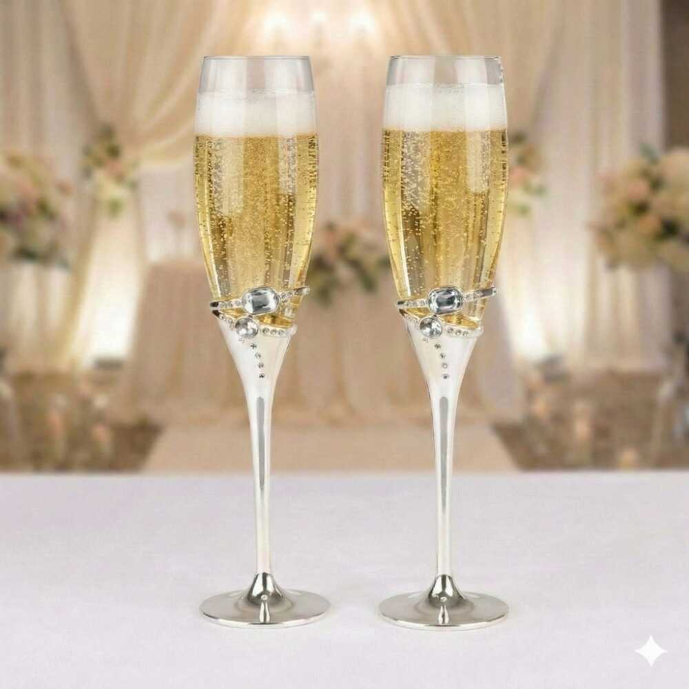 Set de dos copas para brindis de novios con tallos plateados y adornos de cristales brillantes, elegantes flautas de cristal para champaña en bodas.