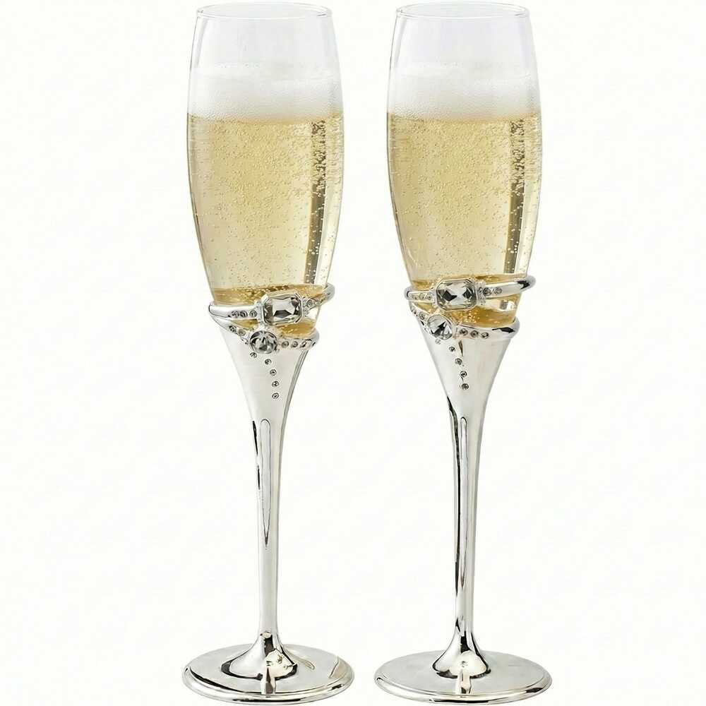 Pareja de copas para brindis de novios con tallos plateados y adornos de cristales brillantes modelo Orion Deluxe, elegantes flautas de cristal para bodas.