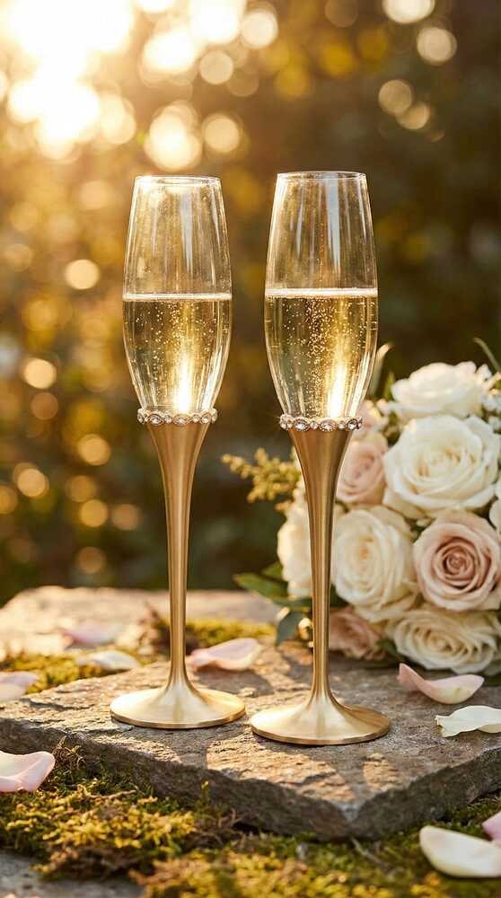 Set de dos copas para brindis nupcial con tallo en acabado dorado mate y detalle de cristales brillantes, flautas de cristal elegantes para boda.