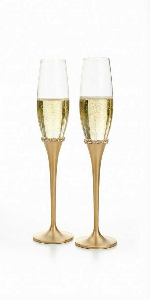 Set de copas flauta para champán con tallo dorado y detalle de pedrería, copas elegantes para brindis de boda, aniversario o celebración especial.