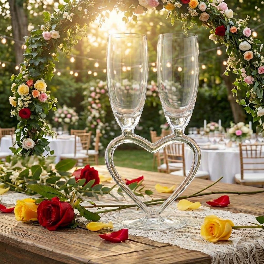 Copas para brindis de boda con diseño de corazón unido, ideales para eventos elegantes en jardín y celebraciones románticas.
