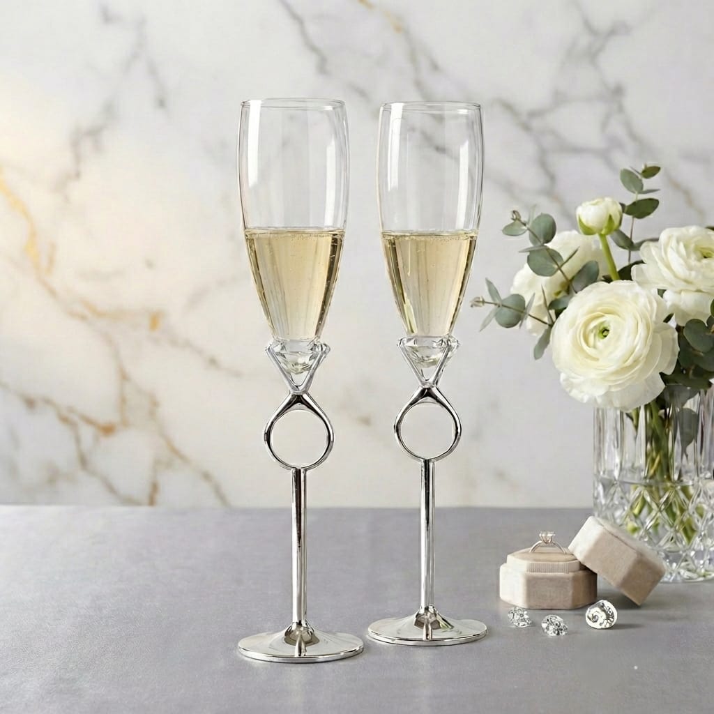 Copas para brindis de boda con tallo en forma de anillo de diamante plateado, diseño elegante para novios.