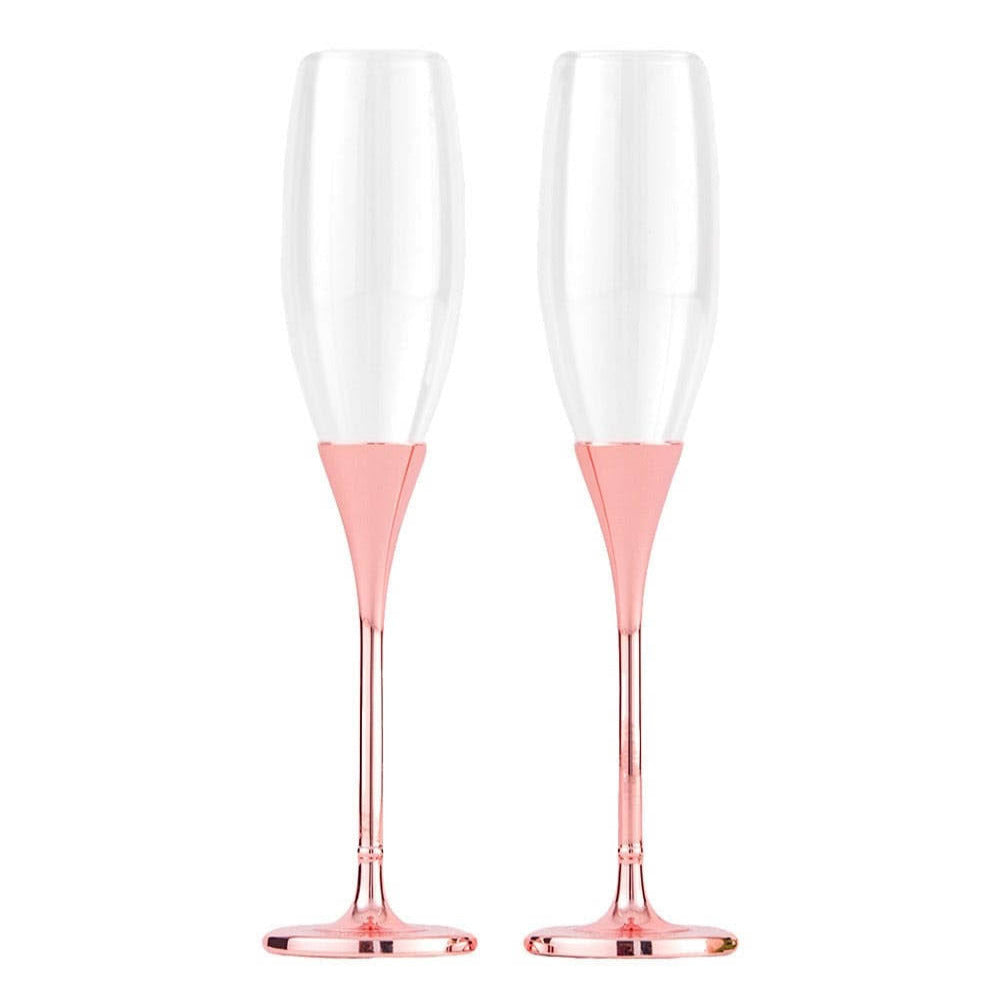 Set de dos copas para brindis de novios con tallos metálicos en color oro rosa (rose gold), elegantes flautas de cristal para ceremonia nupcial y eventos sociales.