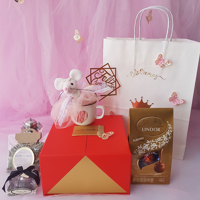 Kit de regalo para cumpleaños con chocolates, taza decorativa, peluche de ratoncita y bolsa de regalo con detalles de mariposas.