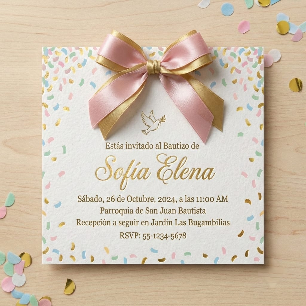 Invitación de bautizo personalizada con listón rosa y dorado, diseño elegante con confeti en tonos pastel para niña.