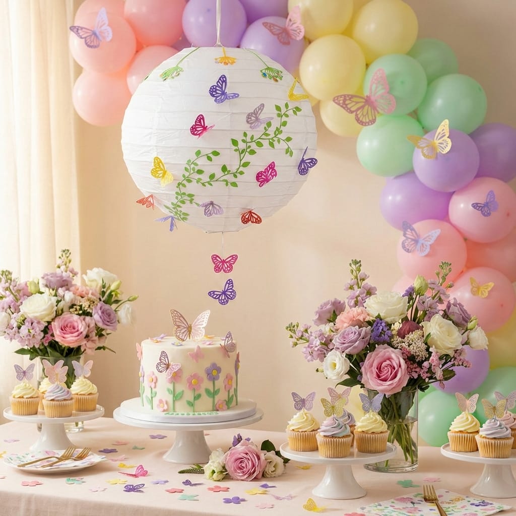 Decoración temática de mariposas para baby shower o bautizo, con pastel, cupcakes y globos en tonos pastel para eventos infantiles.
