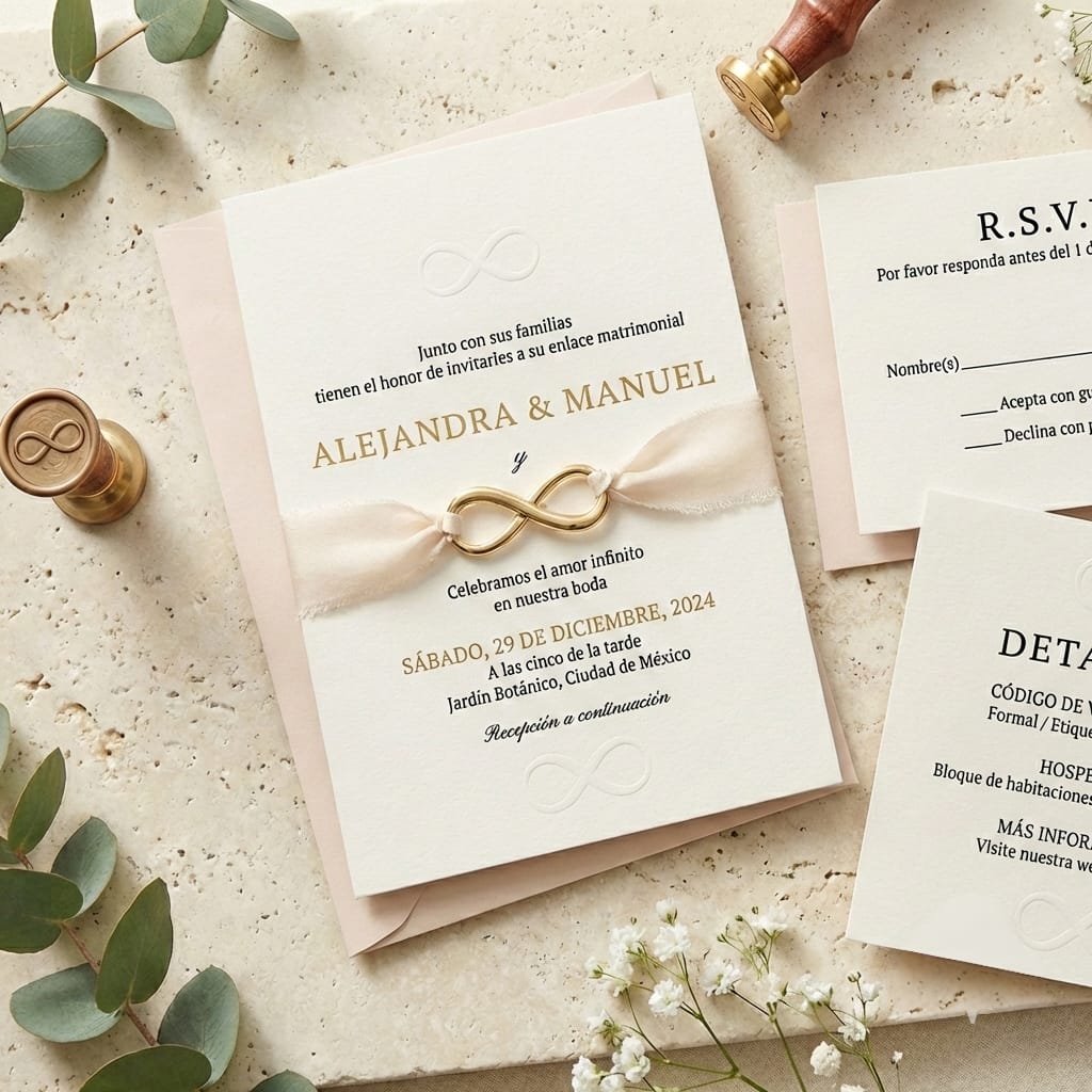Invitación de boda con símbolo de infinito dorado y listón beige, diseño minimalista y elegante para enlace matrimonial.