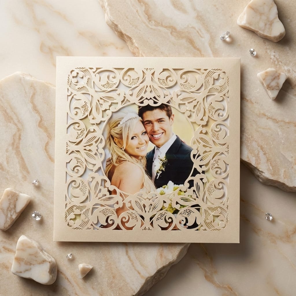 Invitación de boda con corte láser elegante en color crema y fotografía personalizada de los novios al centro.