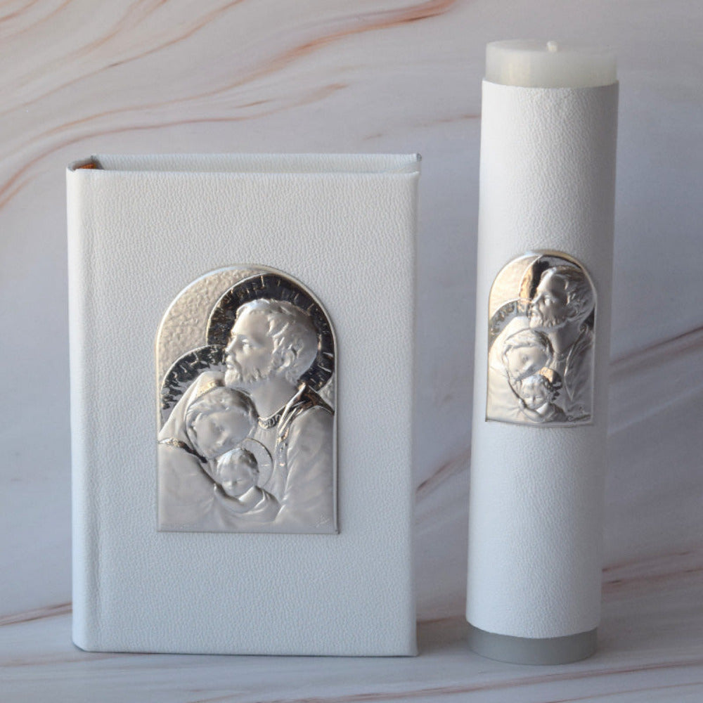 Biblia y Cirio para Boda con Placa Italiana de la Sagrada Familia “Amor Divino”