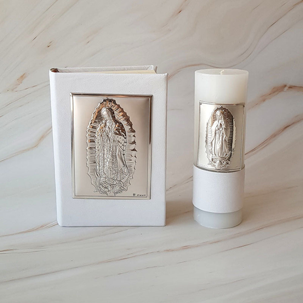 Biblia y Cirio Virgen de Guadalupe, Plata Italiana y piel