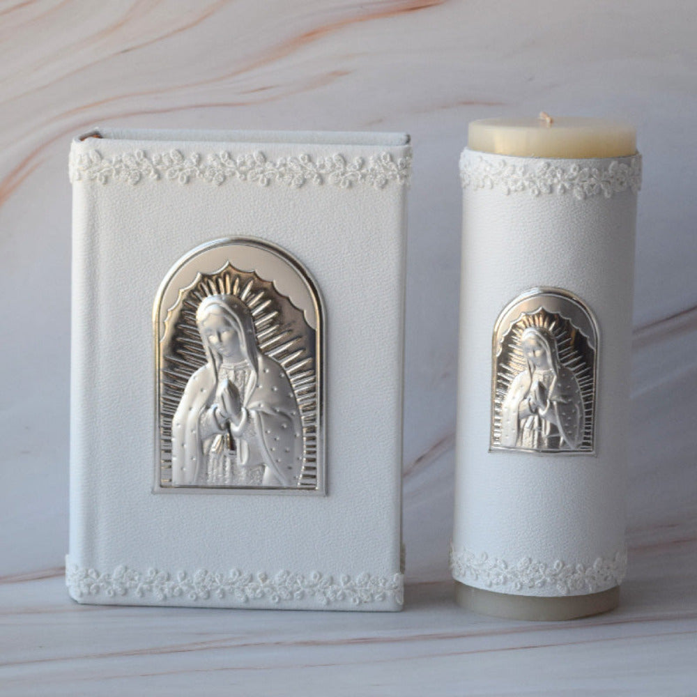 Biblia y Cirio, piel y plata Italiana del rostro de la Virgen Guadalupana
