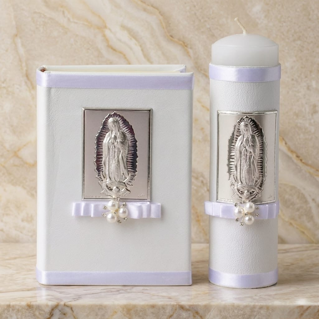 Kit para Primera Comunión Virgen de Guadalupe Plata, Forrado en piel