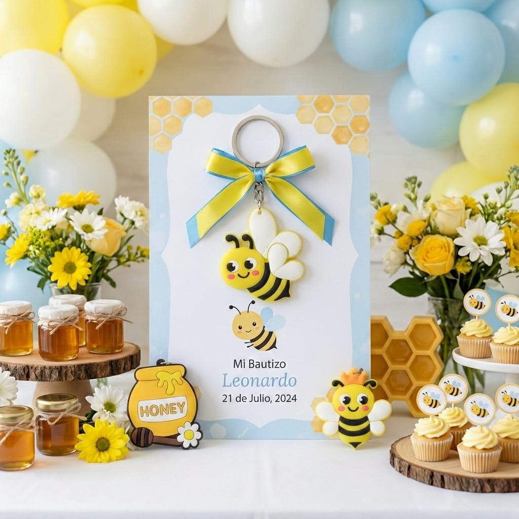 Bolo de bautizo con temática de abejas, incluye llavero personalizado y tarjeta decorativa para baby shower o eventos infantiles.