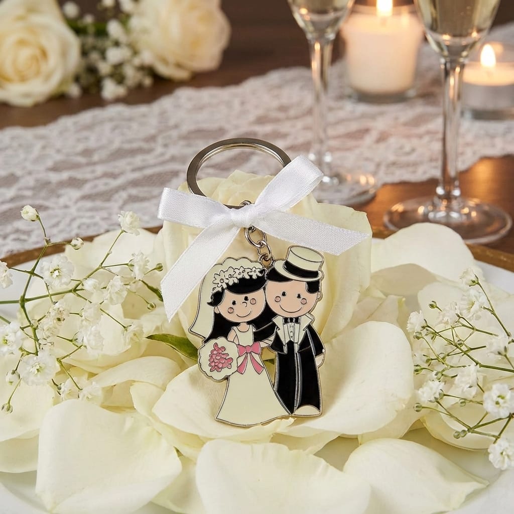Llavero de novios caricaturizados con moño blanco, ideal como recuerdo económico y elegante para bodas en la Ciudad de México.