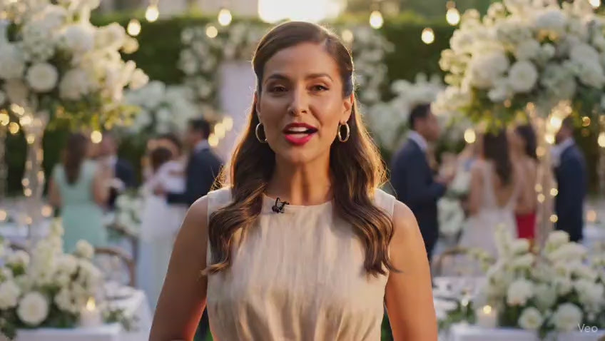 Cargar vídeo: Mujer latina guapa vestida de lino color beige habla al publico diciendo que la tienda ondine está ubicada en la cdmx y tiene detalles y recuerdos personalizados y exclusivos, al fondo se observa un salon de eventos decorado con flores blancas