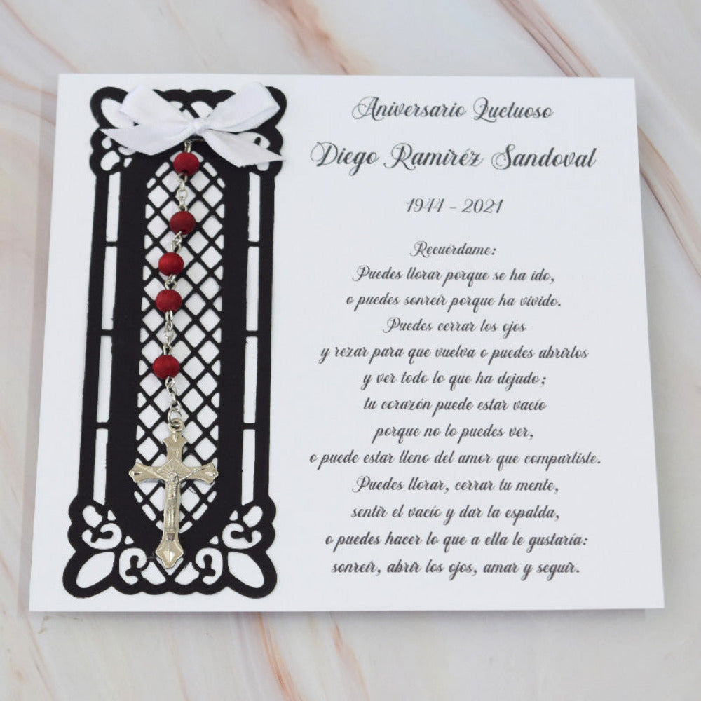Rosario en tarjeta personalizado, aniversario luctuoso.