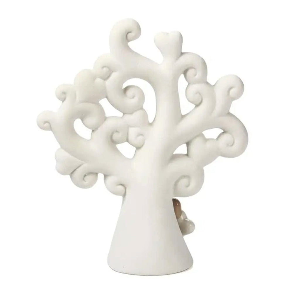 Escultura decorativa de cerámica blanca en forma de árbol de la vida con detalles curvos, ideal para recuerdo de boda.