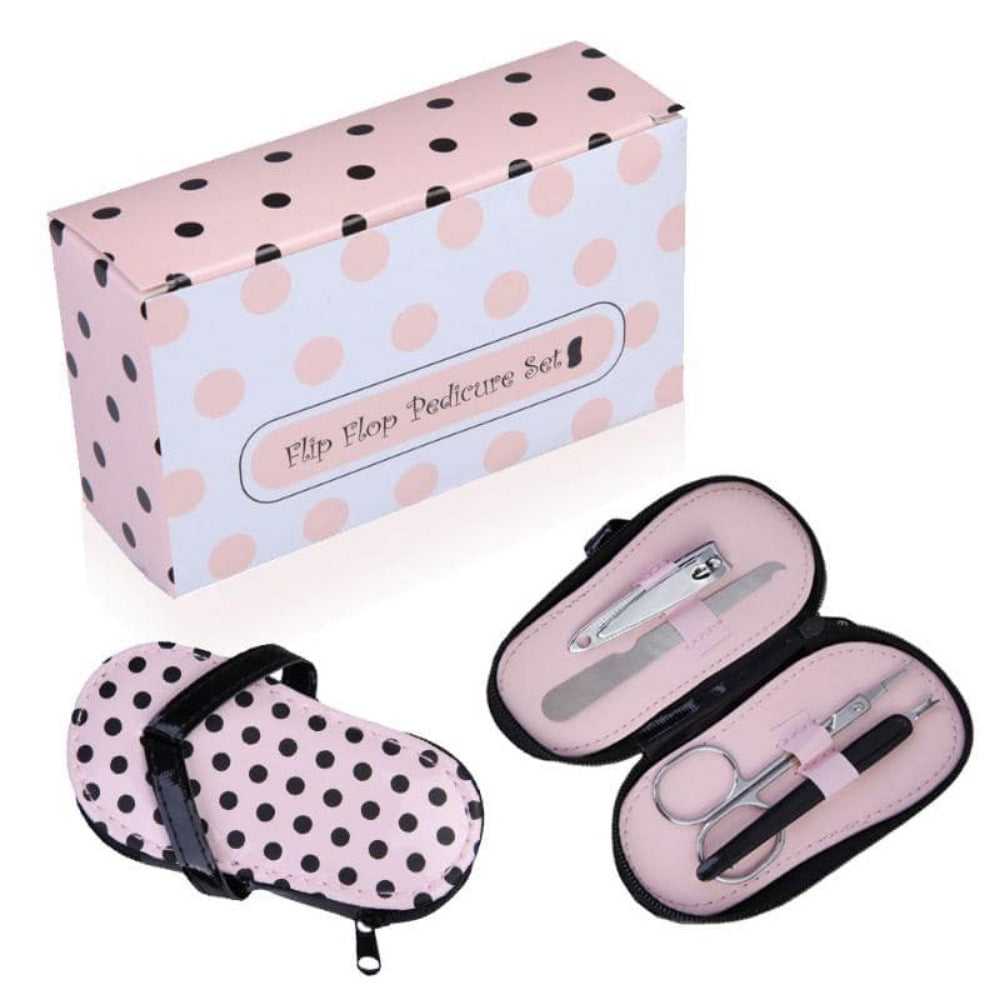 Set de manicura y pedicura en estuche con forma de sandalia rosa con lunares negros, recuerdo útil para despedida de soltera, XV años y eventos sociales.