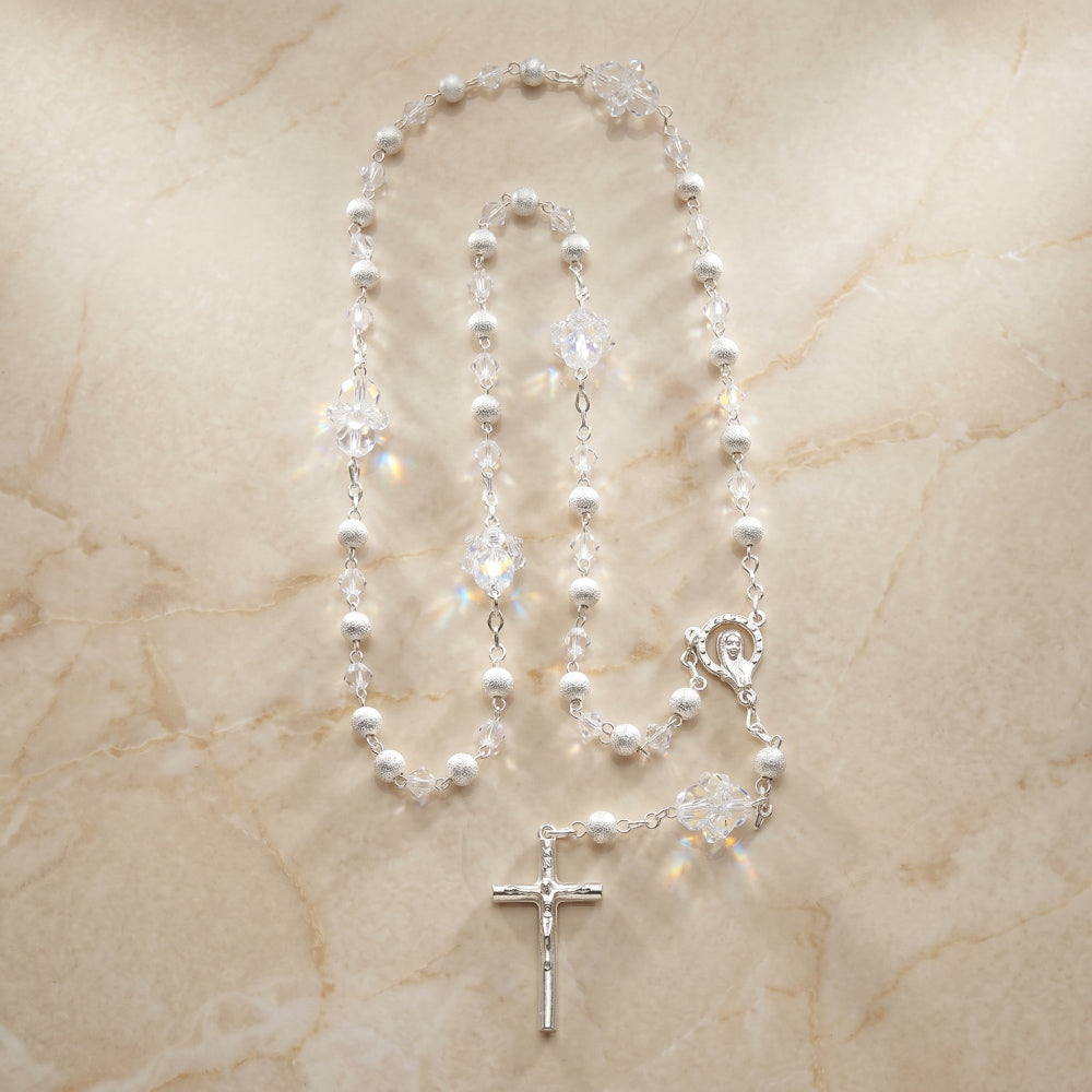 Rosario de Plata Laminada y Cristal Cortado