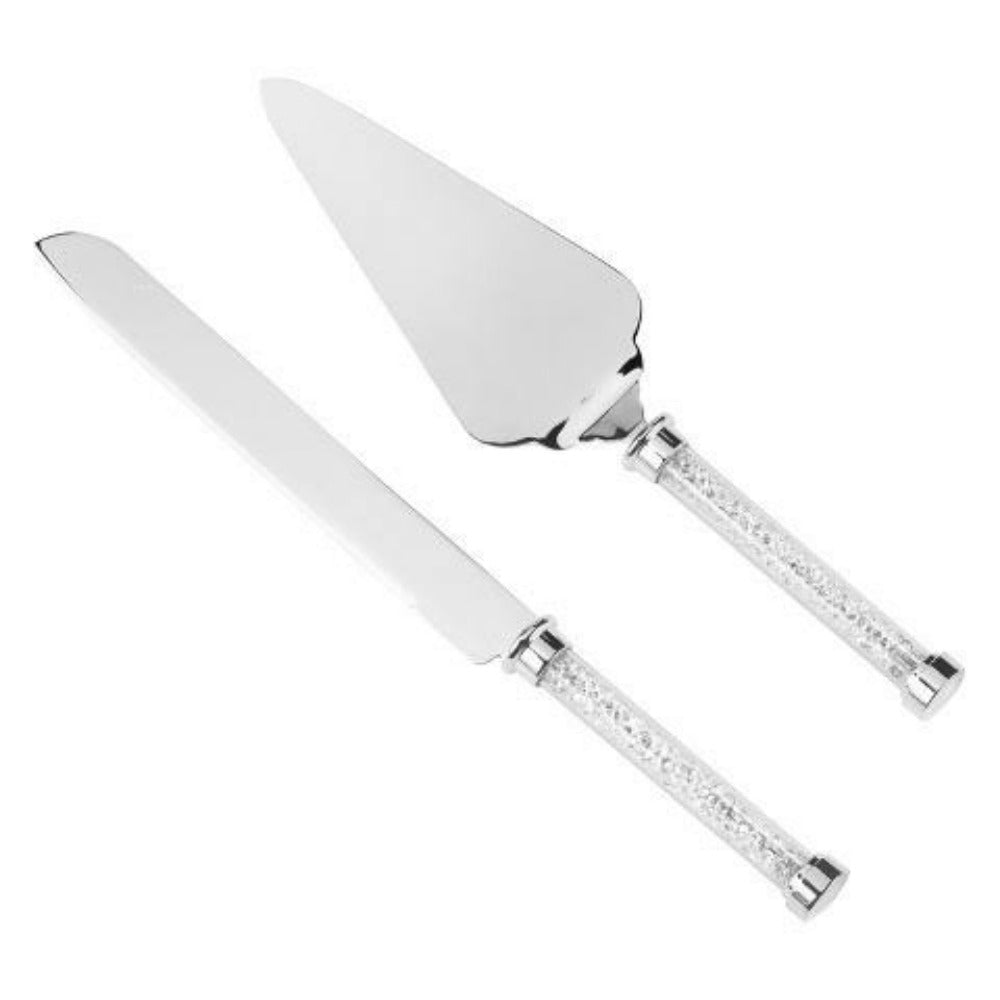 Set de pala y cuchillo para pastel de acero inoxidable con mango decorado, utensilios elegantes para cortar y servir pastel en bodas o celebraciones.